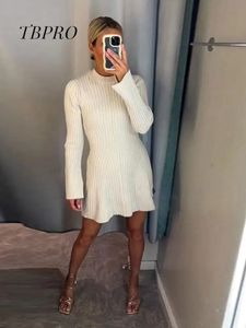 Female Elegant Solid Ribbed Knitted Dress Fashion O Neck Long Sleeve Mini Dresses 2023 Autumn Winter Women Party Club Robes 240323