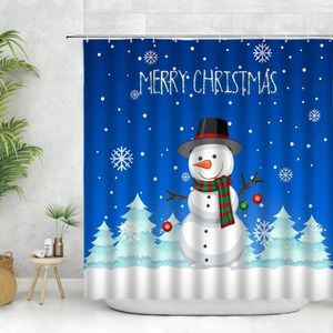 Cortinas de chuveiro conjunto de cortina de natal dos desenhos animados bonito bonecos de neve pinheiro neve flocos de neve azul banheiro decoração de natal tecido pano ganchos