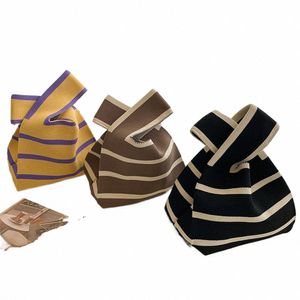 fi Handmade Knit Handbags Women Mini Knot Wrist Bag Tote Bag Korean Casual Color Striped Student Reusable Shop Bags Z3hl#