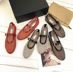 Toppversion Round Toe Mesh Belt Buckle Ballet Shoes for Women Ala * Flat Bottomed Hollowed Out Mary Jane Single Shoes Fishing Net Shoes JT7783