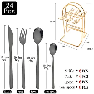 Flatvaruuppsättningar 24 st middagar uppsättning av rostfritt stål spegel svart bestick kök bordsartikn kniv gaffel te sked västerländsk silver