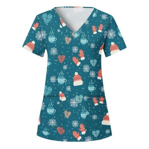 Рождественские скрабы медсестры Мужчины Женщины Медсестра Единая блузка Санта-Клаус Принт V-образной клиника униформа больницы здравоохранение