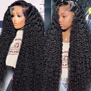 Le mythe 13x6 Deep Wave HD Transparent Lace Frontal Human Hair Wig 250 Density 30 40 Inch 13x4 Curly Front For Women 240327