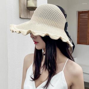 Geniş Memlu Şapkalar Yaz Kadınlar Güneş Şapk Tatlı yaylar fırfır tarak kapağı bayanlar açık seyahat plajı boş üst vizörler kadın tığ işi kaput