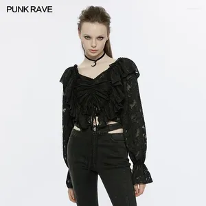 Женские блузки PUNK RAVE с v-образным вырезом и квадратным вырезом, топы с талией, готические повседневные текстурированные шифоновые черные рубашки, женская одежда