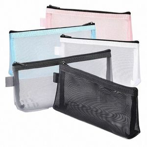 gray Black Makeup Case Large Capacity Mesh Transparent Cosmetic Brush Bags Students Solid Color Zipper Nyl Pencil Case y0Jg#