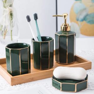 Badtillbehör Set Dark Green Ceramic Badrum Wash Mouthwash Cup toalettartiklar Tillbehör Heminredning Lotionflaska