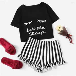 Startseite Bekleidung Damen-Pyjama-Sets Kurzarm-Short-Sets mit Streifen und Buchstaben, Nachtwäsche, Loungewear, sexy Nachtwäsche, Back-Nacht-Outfit, Chemise für die Frau