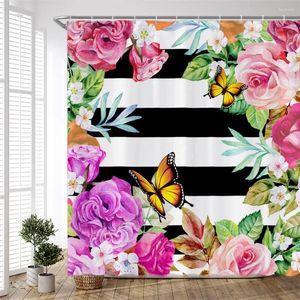 Shower Curtains Pink Plants Floral Curtain Watercolor Flower Butterfly On Black White Stripes Background Bathroom Polyester Hook