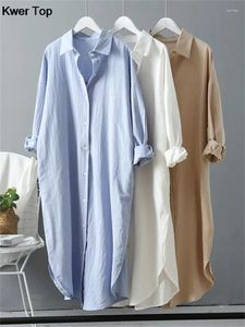 Vestidos casuais primavera verão camisa longa vestido para mulheres manga solta único breasted robe femme sólido estilo preppy roupas