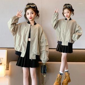 Jackets Korean Spring Autumn Junior Girl Jacket Children Zipper Sweat School Embroidered Wrinkled Long Sleeves Top
