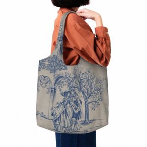 Vintage Classic French Toile de Jouy Navy Blue Motiv Mönsterbutik Tygväskor Återanvändbara livsmedel Canvas Shopper Shoulder Bag Z2WN#