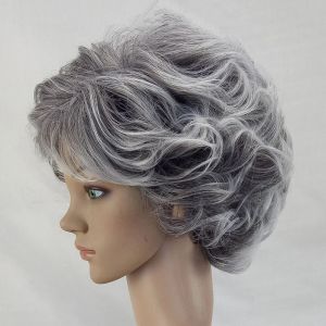 HAIRJOY Women Wig 2 Tones Grey White Ombre Synthetic Short Layered Curly Hair Puffy Bangs Heat Resistant Fiber