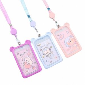 1pc Carto Bear Card Holder Bank Identity Bus ID Card Sleeve Case with Retractable Reel Lanyard Plastic Silice Credit Cover C97a#