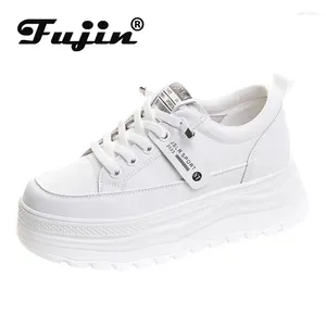 Sapatos casuais fujin 6cm couro genuíno mulheres vulcanizadas moda verão saltos escondidos respirável chunky tênis plataforma