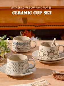 Ahunderjiaz Vintage Ceramic Coffee Mub Milk Household Milk Cup i spodek Set Kitchen Drinkware Breakfast Oatmeal Kubki 240328