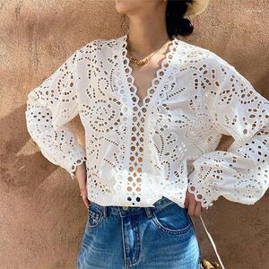 Women's Blouses Boho Inspired White Cotton Hollow Out Women Blouse V-neck Tops Long Sleeve Woman Elegant Summer Luxury