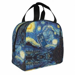 tardis Vincent Van Gogh Lancheira isolada Starry Night Meal Ctainer Cooler Bag Tote Lunch Box College Picnic Food Bolsas s13u #