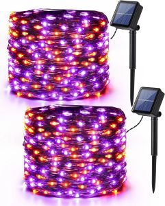 2pcs、オレンジ色の紫色のハロウィーンライト、39.37ft 120 LED、紫色のソーラーハロウィーンライト8モード、屋外のきらめきの妖精のライト