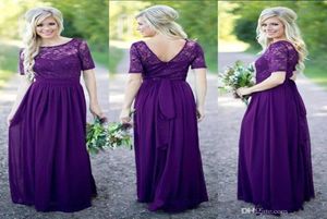 2020 abiti da damigella d'onore country lunghi per matrimoni blu navy viola in chiffon maniche corte in pizzo con perline lunghezza del pavimento cameriera di Hono5352485