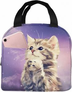 galaxy Cat Lunch Bag Portable Insulated Lunch Box Reusable Cooler Thermal Meal Tote for Women Work Picnic Beach 41Re#