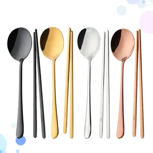 Flatware Sets 4 Stainless Steel Set Korean Style Cutlery WideTableware Spoons Chopstick For Banquet Party (Golden