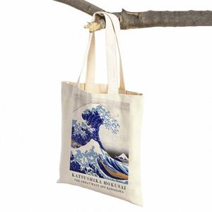 Vintage Tote Shopper Bag Abstract Japan Artist Hokusai Mount Fuji Women Shop Bags Double Print Casual Lady Canvas Handväska 80JJ#