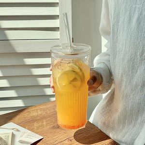 Weingläser 500/600 ml Streifenglas Tasse Transparent mit Deckel und Stroh Ice Kaffeetasse Tee Saft Milch Wasser Tassen Getränke Getränkewaren