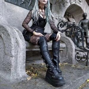 Gotik punk kadın uyluk botları platform tıknaz yüksek topuklular cosplay siyah sokak ayakkabıları kadın için y2k motosiklet diz botları üzerinde