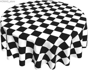 Table Cloth Black White Racing Checkered Pattern Round Tablecloth Simple Style Circular Table Cover Decorative for Dining Wedding Holiday Y240401