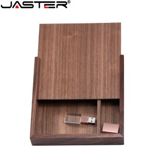 JASTER Crystal Wooden box USB Flash drives 128GB Walnut Wood Pen drive 64GB Creative Photography Wedding Gift Memory Stick 32GB
