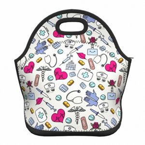 nursing Pattern Nurse Portable Neoprene Lunch Boxes for Women Health Care Cooler Thermal Food Insulated Lunch Bag Office Work p4XL#