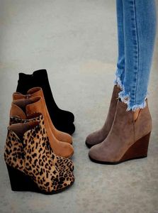 Pointed Toe Booties Winter Women Leopard Ankle Boots Lace Up Footwear Platform High Heels Wedges Shoes Woman Bota Feminina X04247112839