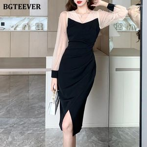 Casual Dresses BGteever Spring Summer V-ringad damer Patchwork Bodycon Midi Dress Elegant Slim Long Sleeve Female Split Package Hip