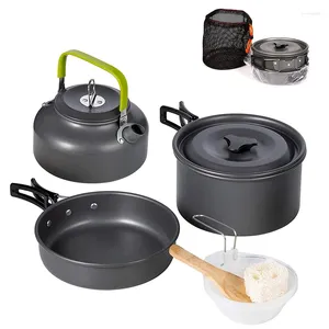 Köksredskap set camping set utomhus aluminium matlagning kit vatten vattenkokare pannor panna resande vandring picknick bbq bordsutrustning