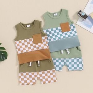 Conjuntos de roupas Pudcoco Baby Boy Shorts e Tank Top Set Patchwork Sem Mangas Camisa Xadrez Impressão Infantil Criança Roupas de Verão 0-3T