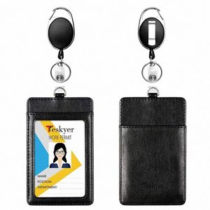 1pc donna uomo nero portafoglio porta carte portachiavi retrattile cordino per chiavi carta d'identità cuoio bus pass copertura della cassa della carta porta badge z3Ow #