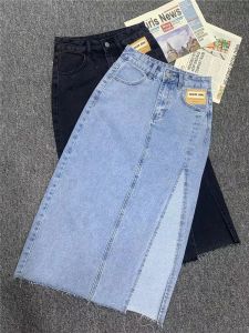 Realeft Новые летние женские джинсовые юбки винтажные высокие джинсы юбка с прямой боковой сплит