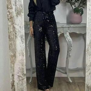 Pantaloni da donna da donna indossare paille di paillettes in vita alta per i pantaloni splendenti slim corsi di colore solido elastico