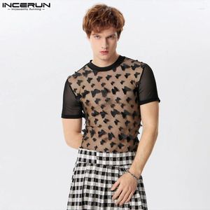 Homens camisetas 2024 homens camisa malha retalhos o-pescoço manga curta roupas streetwear transparente fitness moda camisetas incerun S-5XL