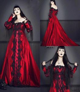 Vintage Gothic Wedding Dresses Square Neck Long Sleeve Black Lace Rhinestones Red Wedding Gowns Custom Made Plus Size Vestidos de 6927103