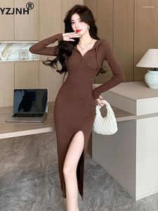 Casual Dresses YZJNH 2024 Knitted Long Dress For Women Sexy Slim Fit Hooded With Waist Closure Split Opening Hip Wrap