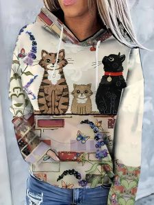 Kedi desen kanguru cep hoodie kadınlar için gündelik uzun kollu çekiliş kapüşonlu sweatshirt spor giyim kadın sokak giyim