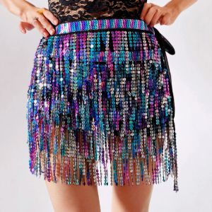Sparkly Sequins Skirts For Women Tassel Hip Scarf Belt Fringe Festival Rave Clothing Female Belly Dance Club Wear Mardi Gras
