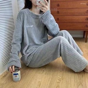 Mulheres pijamas sólidos conjunto de pijamas de inverno velo veludo 2 peça calça casa terno fofo coreano bonito pijama quente sono noite wear