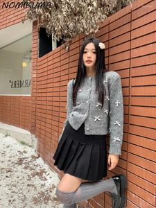 Malhas femininas nomikuma arco cinza em torno do pescoço camisola jaqueta para mulher outono inverno nicho coreano manga comprida malha cardigan topo