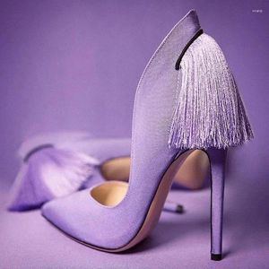 Dress Shoes Back Tassels Heels Women Pumps Purple Fabric Cloth Pointed Toe Shallow Stiletto High Party Size 42