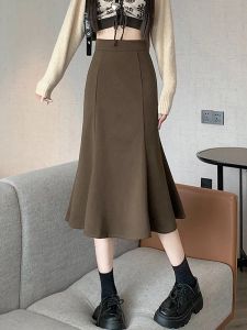 High Waist Mermaid Skirts Women New Arrival 2023 Autumn Korean Style Solid Color Woolen Ladies Elegant Slim Long Skirt W1425