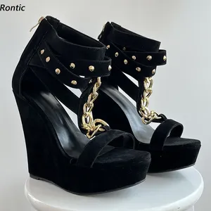 Модельные туфли Rontic, женские сандалии-гладиаторы ручной работы, пикантная обувь с цепочкой на танкетке и открытым носком, довольно черные вечерние размеры США, большие размеры 5-20