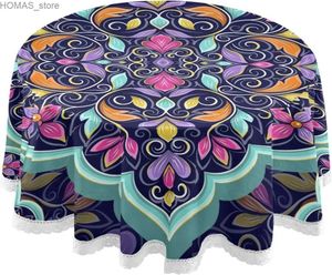 Table Cloth Turquoise Mandala Floral Round Tablecloth Purple Moroccan Turkish Indian Motifs Circular Table Cover Washable Tabletop Runner Y240401